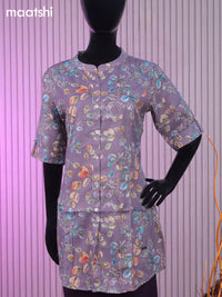 Rayon readymade short kurti pastel purple with allover prints & collar neck pattern without bottom