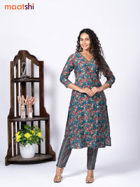 Modal readymade kurti set peacock blue with allover floral prints & beaded work v neck pattern and straight cut pant