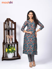 Modal readymade kurti set peacock blue with allover floral prints & beaded work v neck pattern and straight cut pant