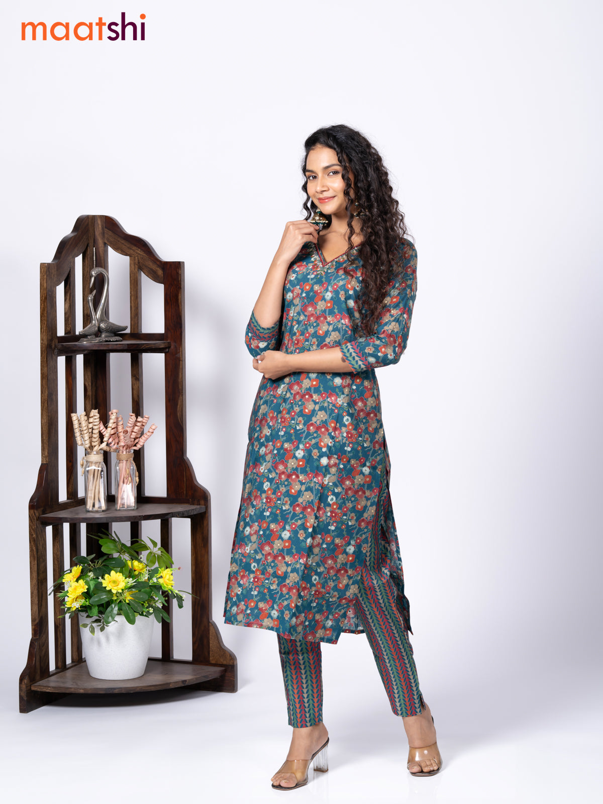 Modal readymade kurti set peacock blue with allover floral prints & beaded work v neck pattern and straight cut pant