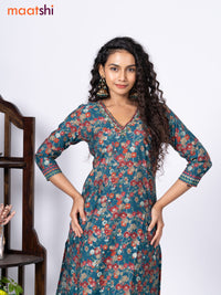 Modal readymade kurti set peacock blue with allover floral prints & beaded work v neck pattern and straight cut pant