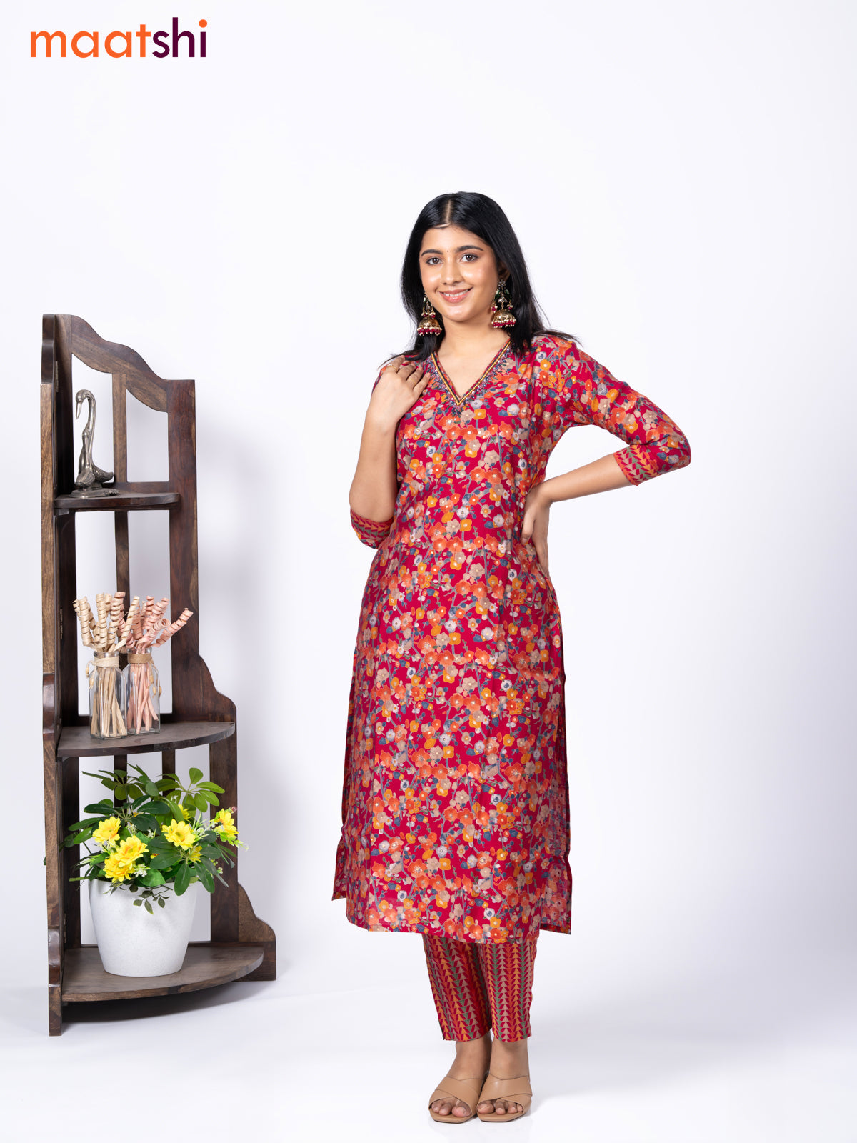 Modal readymade kurti set dark pink with allover floral prints & beaded work v neck pattern and straight cut pant