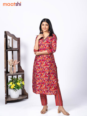 Modal readymade kurti set dark pink with allover floral prints & beaded work v neck pattern and straight cut pant