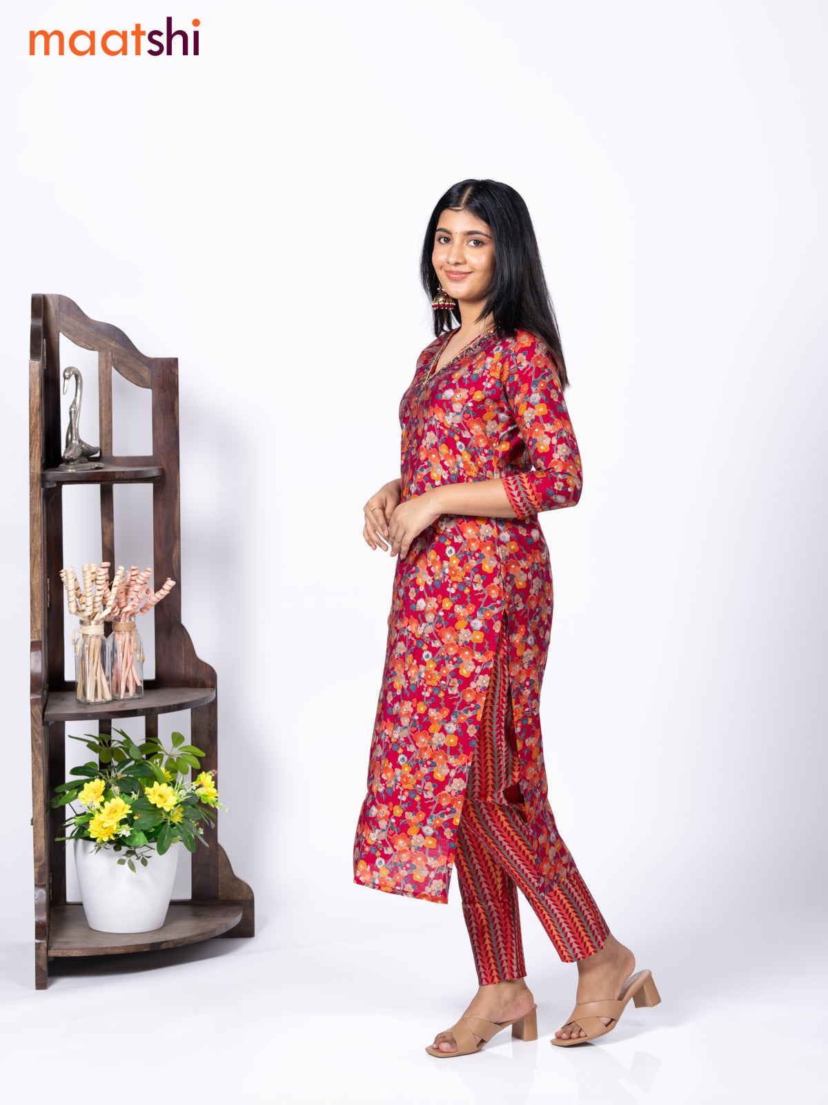 Modal readymade kurti set dark pink with allover floral prints & beaded work v neck pattern and straight cut pant