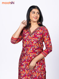 Modal readymade kurti set dark pink with allover floral prints & beaded work v neck pattern and straight cut pant