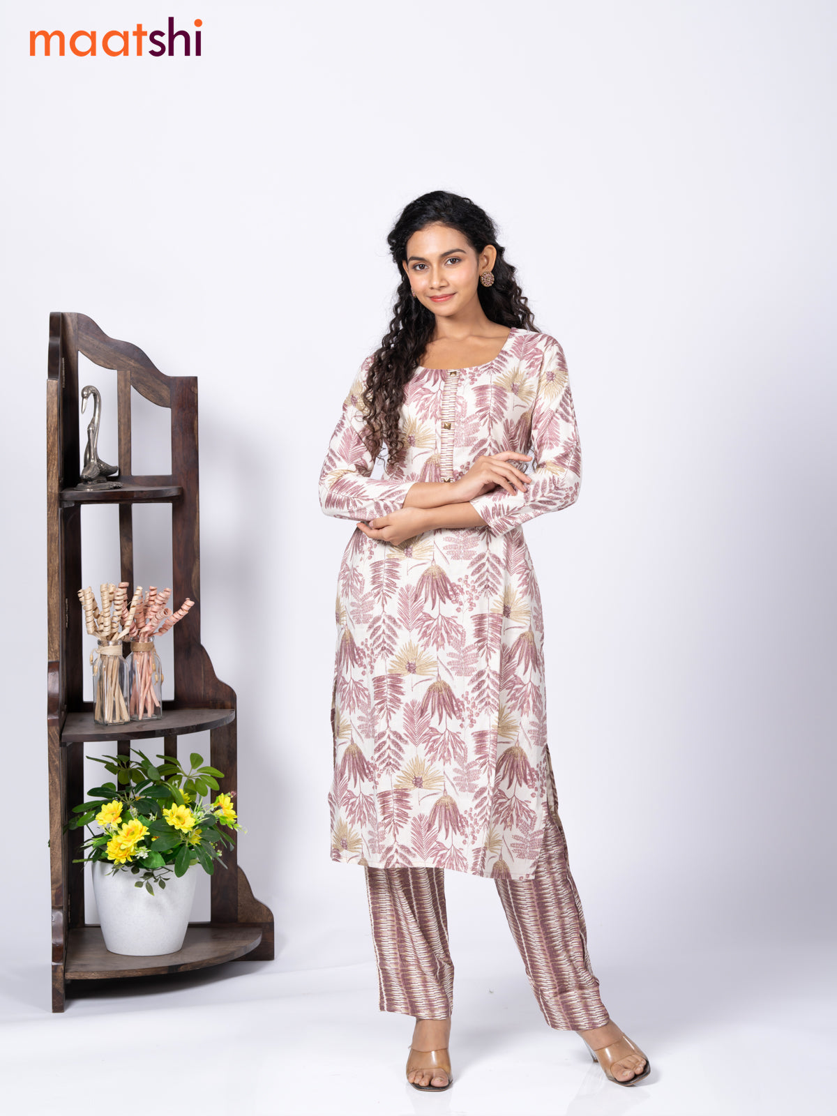 Rayon cotton readymade kurti set cream and coffee brown with allover prints & simple neck pattern and straight cut pant