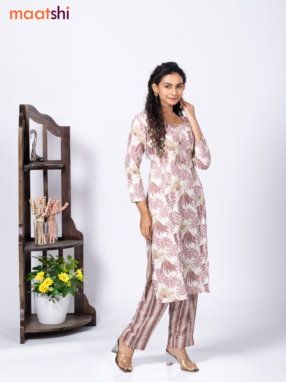 Rayon cotton readymade kurti set cream and coffee brown with allover prints & simple neck pattern and straight cut pant