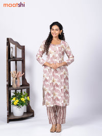 Rayon cotton readymade kurti set cream and coffee brown with allover prints & simple neck pattern and straight cut pant