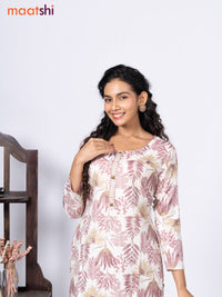 Rayon cotton readymade kurti set cream and coffee brown with allover prints & simple neck pattern and straight cut pant