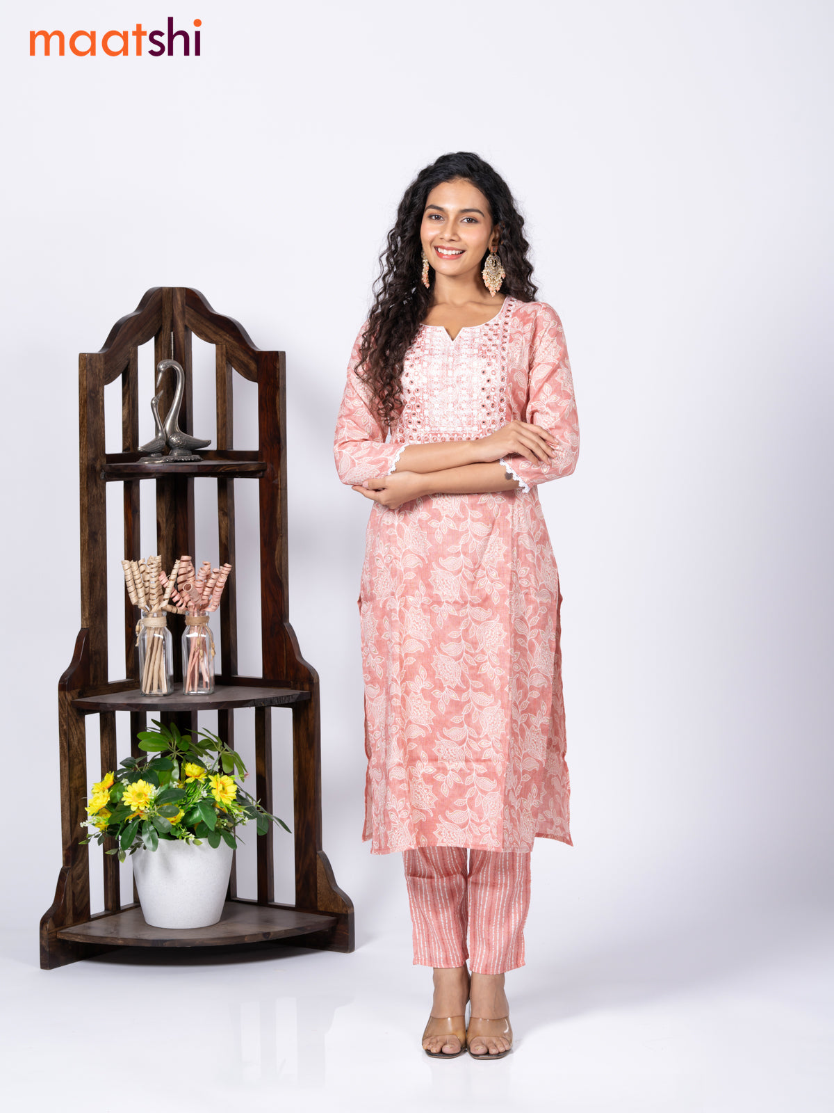 Rayon cotton readymade kurti set peach shade with allover prints & mirror embroidery work neck pattern and straight cut pant