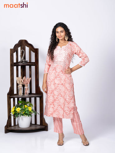 Rayon cotton readymade kurti set peach shade with allover prints & mirror embroidery work neck pattern and straight cut pant