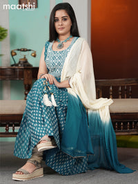 Chanderi readymade anarkali suits cs blue and sandal with butta prints & embroidery sequin work neck pattern and straight cut pant & chiffon dupatta