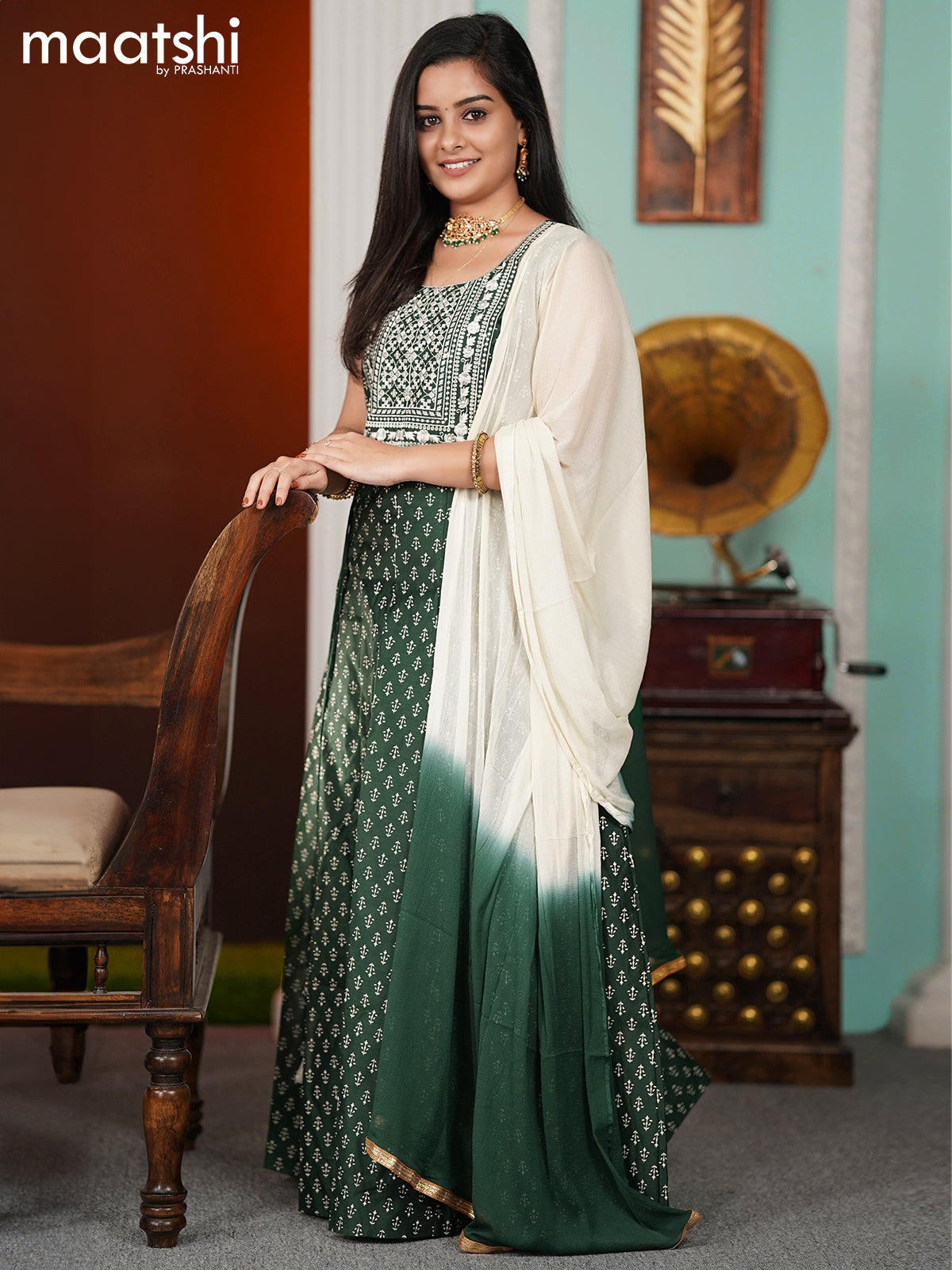 Chanderi readymade anarkali suits dark green and sandal with butta prints & embroidery sequin work neck pattern and straight cut pant & chiffon dupatta