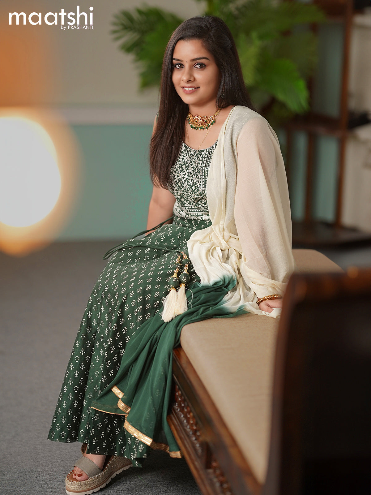 Chanderi readymade anarkali suits dark green and sandal with butta prints & embroidery sequin work neck pattern and straight cut pant & chiffon dupatta