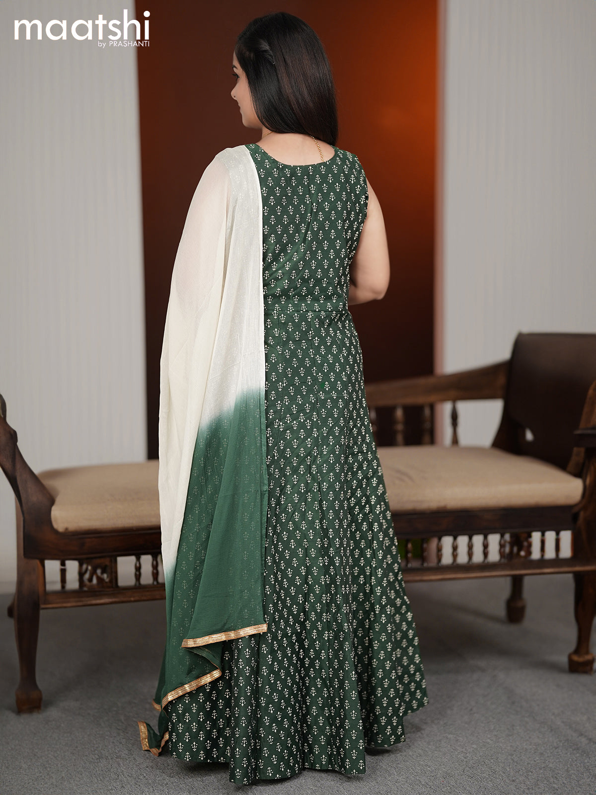 Chanderi readymade anarkali suits dark green and sandal with butta prints & embroidery sequin work neck pattern and straight cut pant & chiffon dupatta