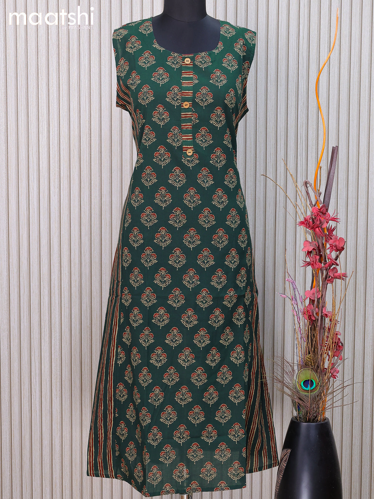 Cotton readymade kurti dark green and  with floral butta prints without pant