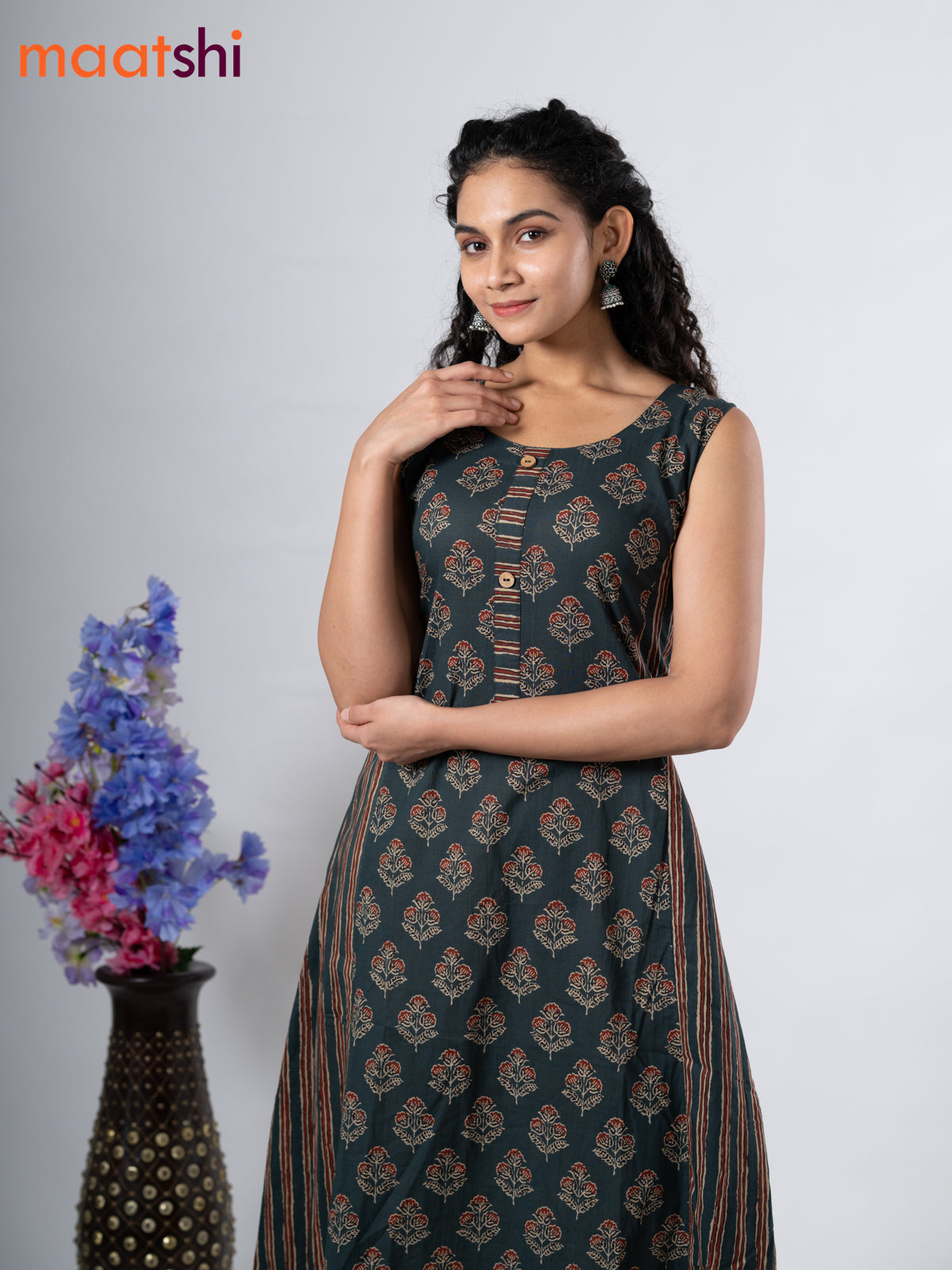 Cotton anarkali kurti dark green and with floral butta prints without pant