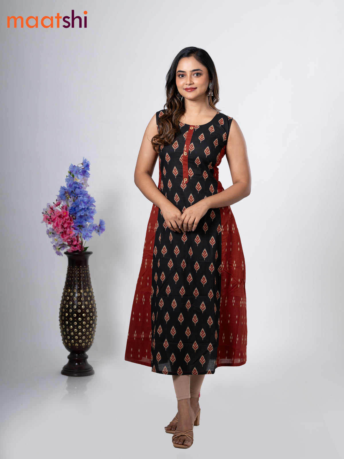 Cotton anarkali kurti black and with ikat butta prints without pant