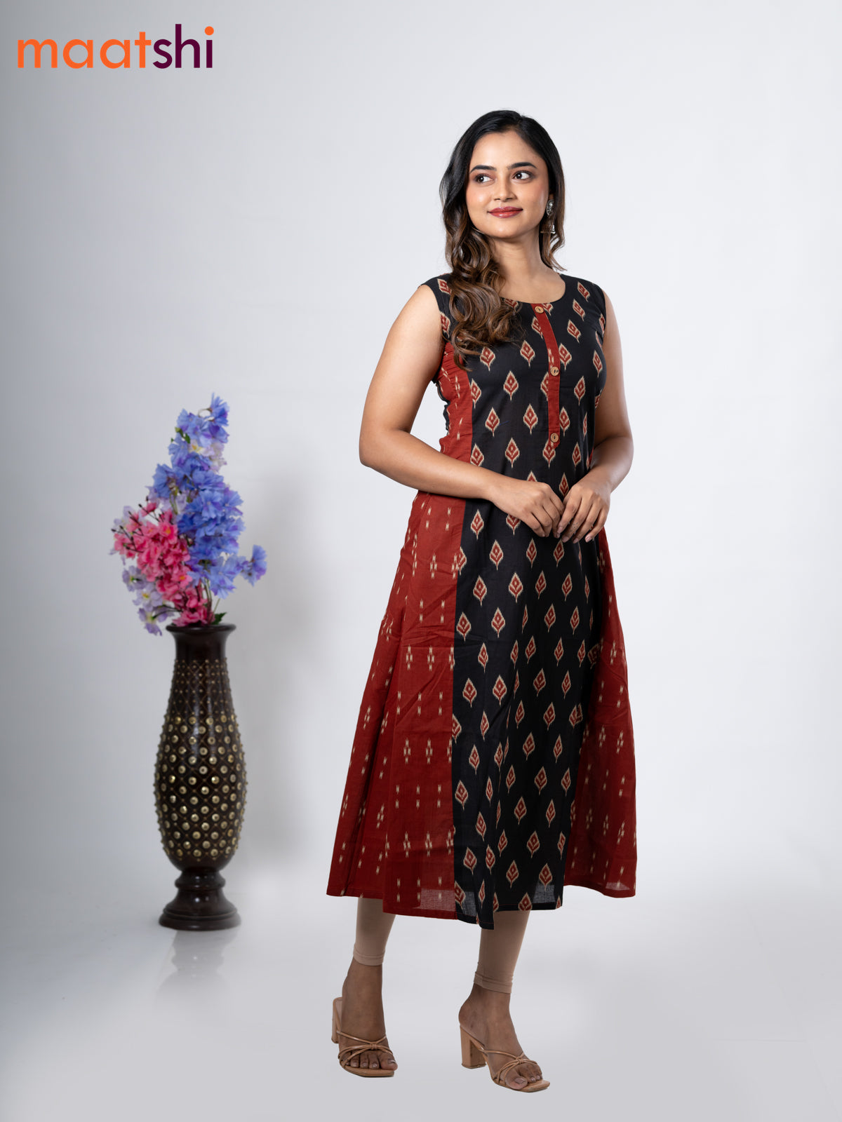 Cotton anarkali kurti black and with ikat butta prints without pant