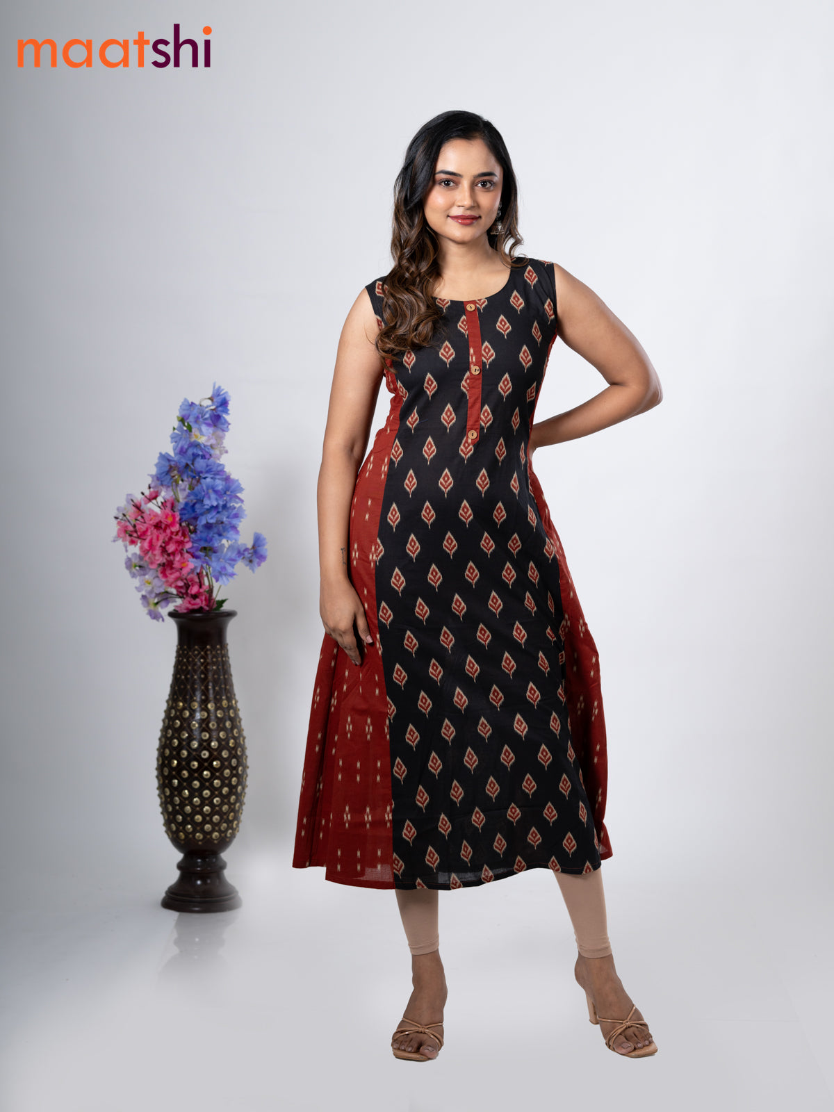 Cotton anarkali kurti black and with ikat butta prints without pant