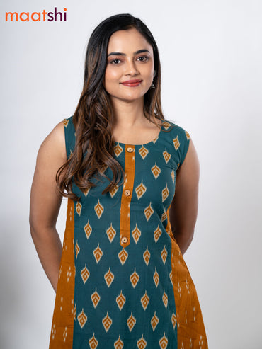 Cotton anarkali kurti peacock green and with ikat butta prints without pant