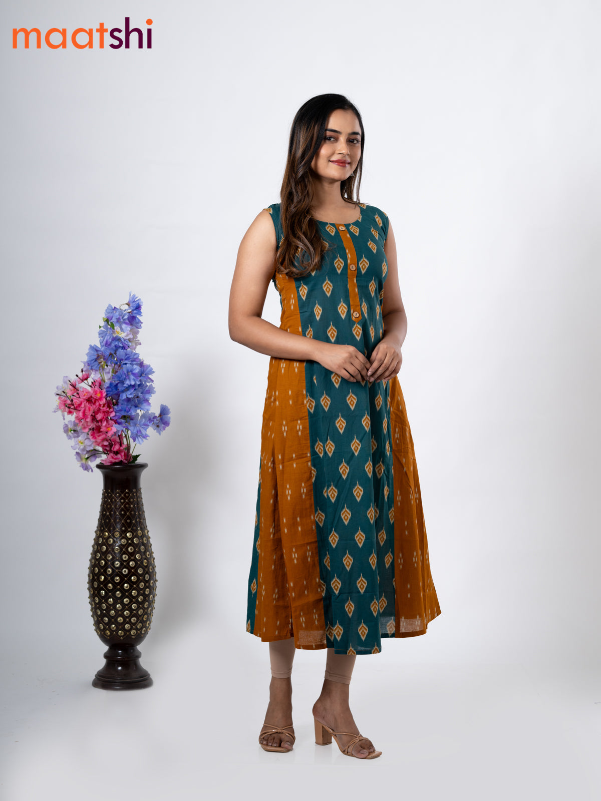 Cotton anarkali kurti peacock green and with ikat butta prints without pant