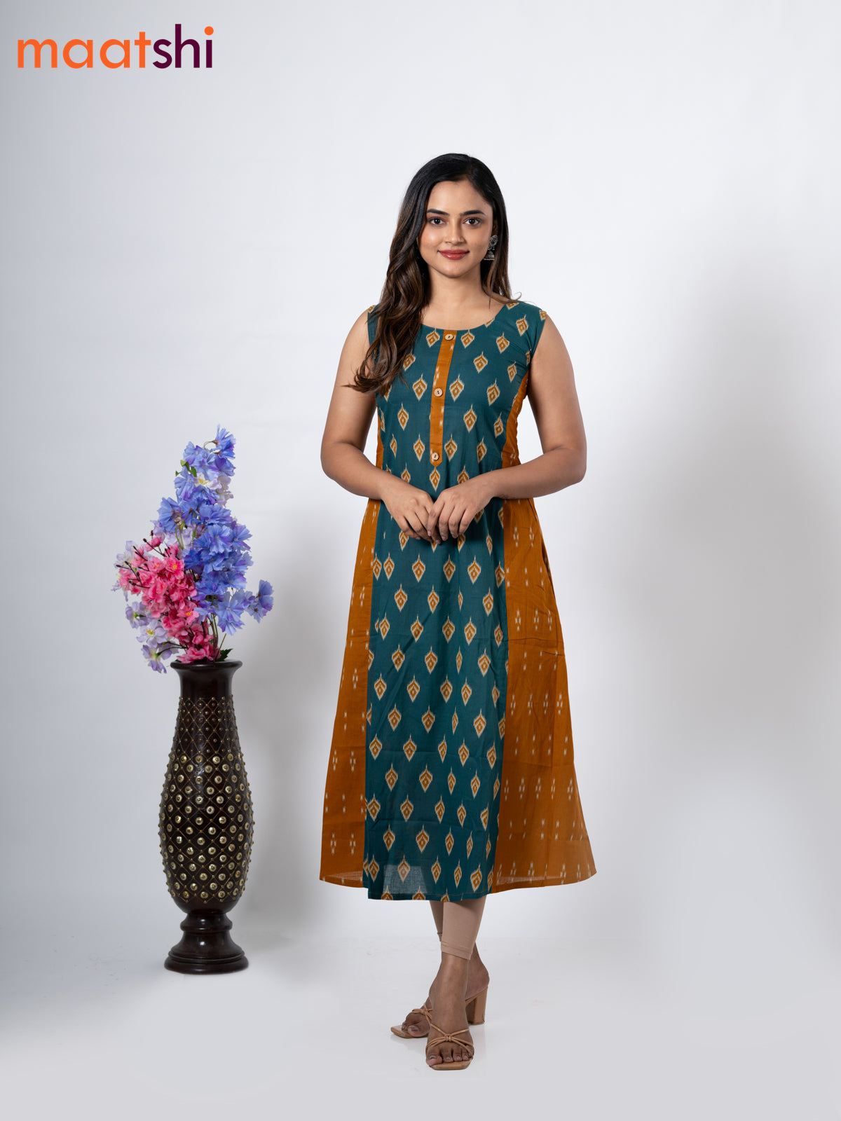 Cotton anarkali kurti peacock green and with ikat butta prints without pant