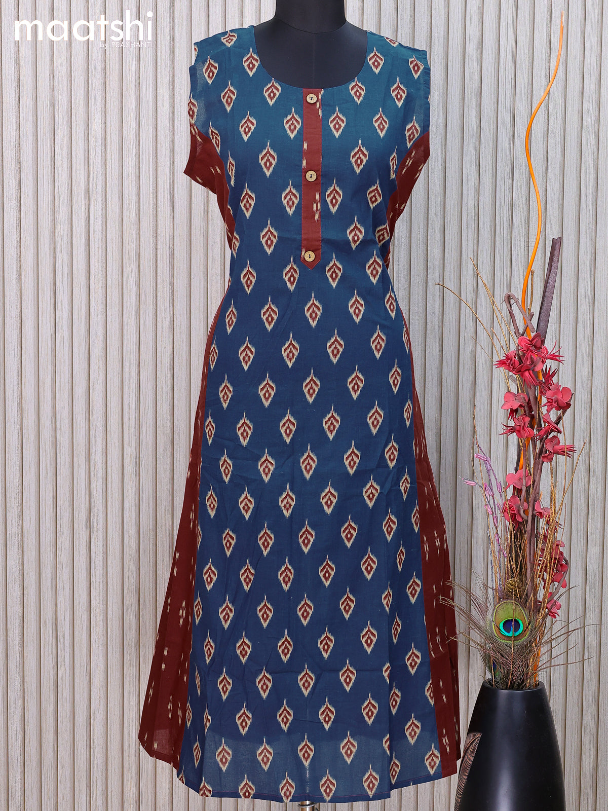 Cotton readymade kurti blue and  with ikat butta prints without pant