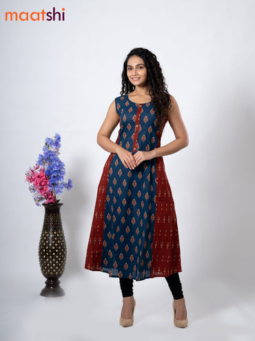 Cotton anarkali kurti blue and with ikat butta prints without pant