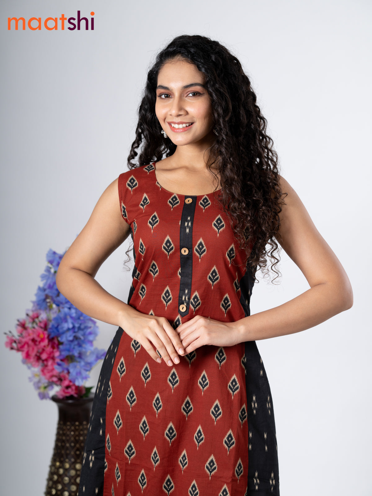 Cotton anarkali kurti rust shade and with ikat butta prints without pant