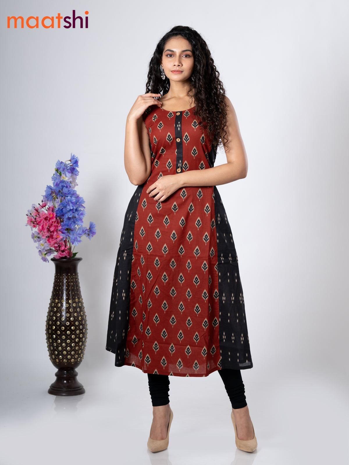 Cotton anarkali kurti rust shade and with ikat butta prints without pant