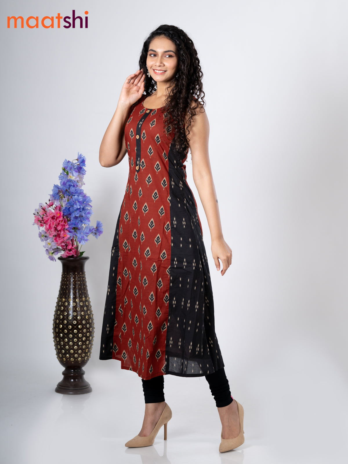 Cotton anarkali kurti rust shade and with ikat butta prints without pant