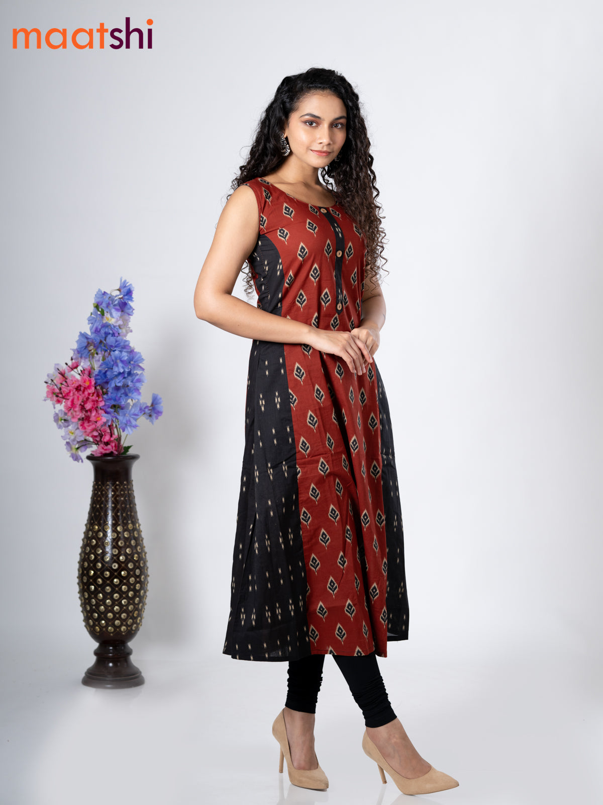 Cotton anarkali kurti rust shade and with ikat butta prints without pant