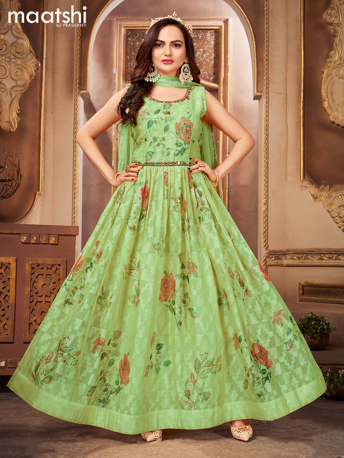 Chiffon readymade anarkali suit light green and  with floral design embroidery & zardosi neck pattern and straight cut pant & netted dupatta