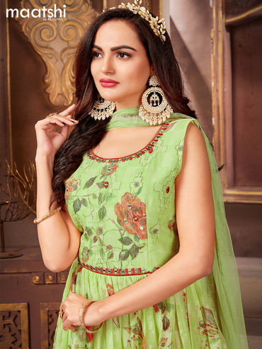 Chiffon readymade anarkali suit light green and  with floral design embroidery & zardosi neck pattern and straight cut pant & netted dupatta