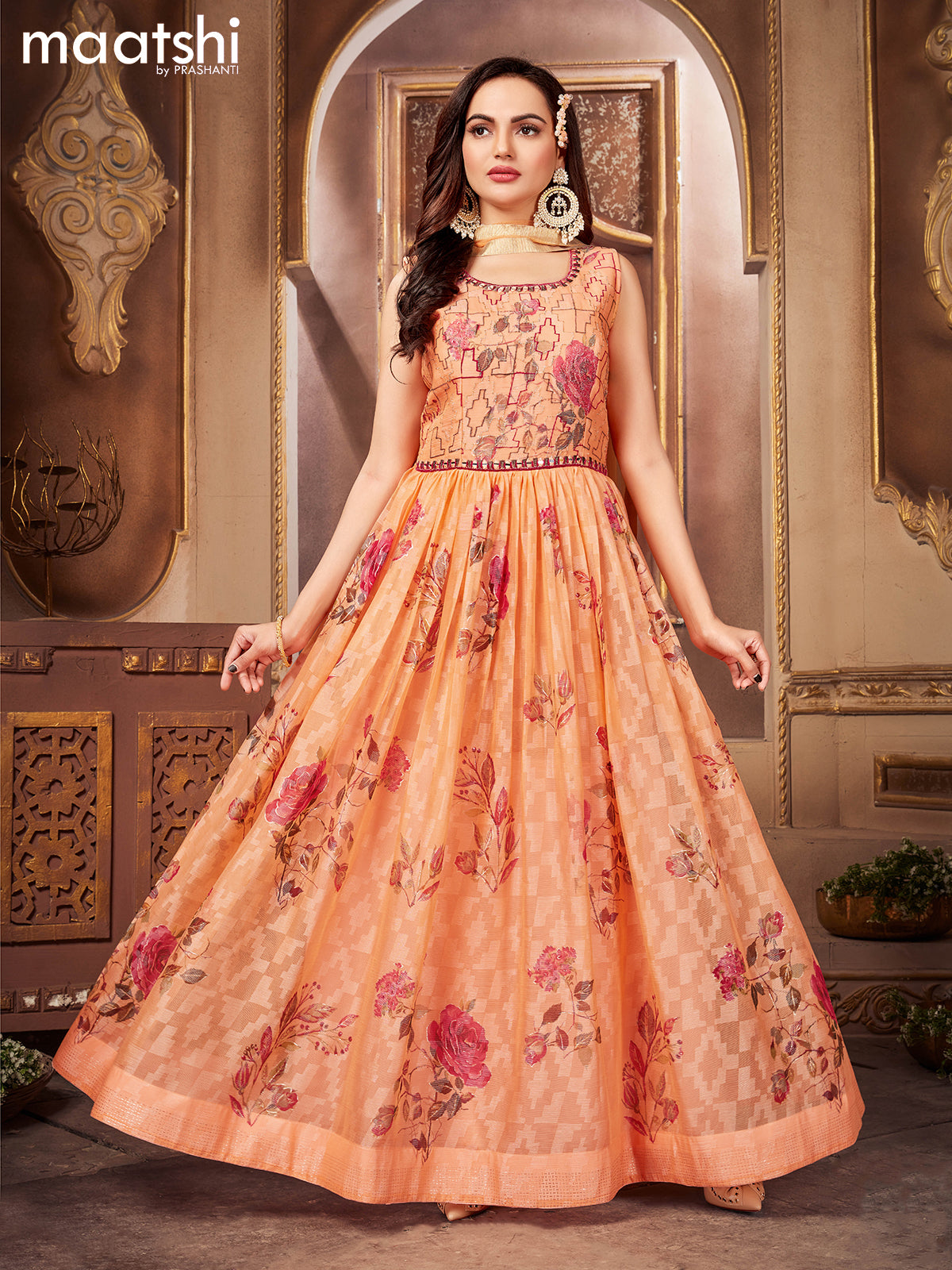 Chiffon readymade anarkali suits pale orange and  with floral design embroidery & mirror work neck pattern and straight cut pant & netted dupatta