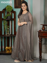 Chanderi readymade anarkali suits grey shade and  with allover geometric prints & embroidery work neck pattern and straight cut pant & chiffon dupatta