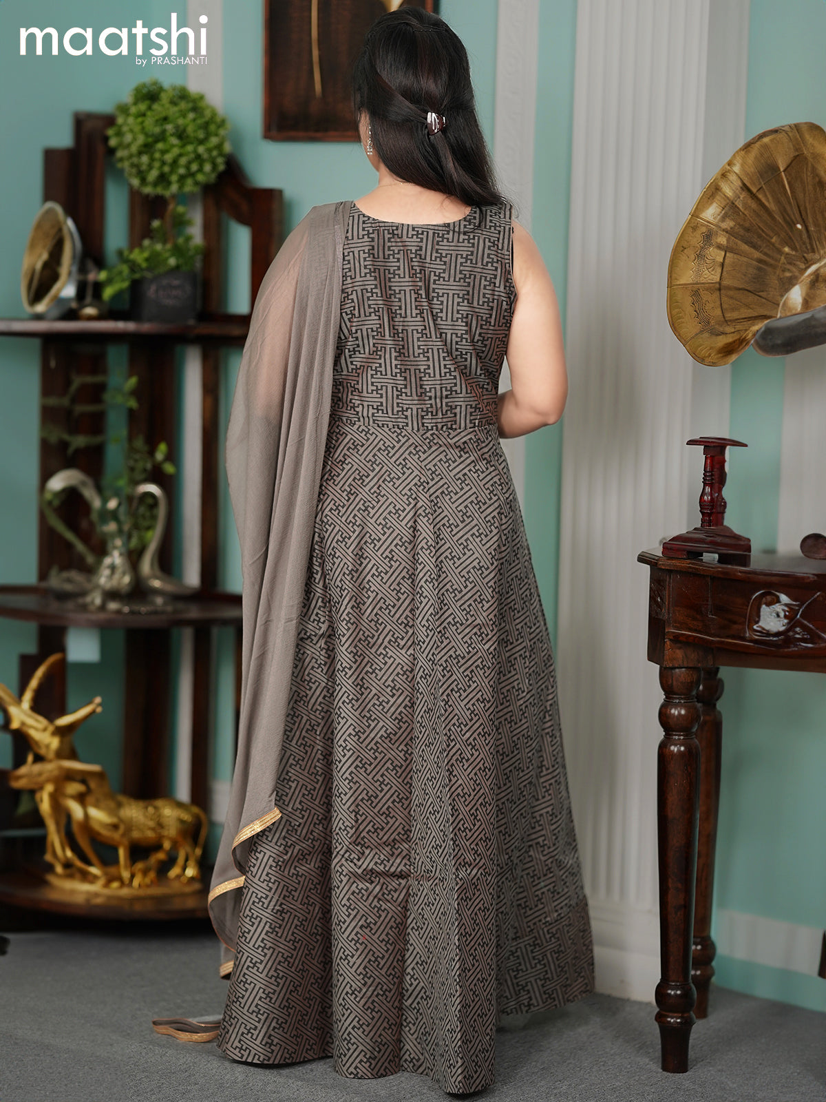 Chanderi readymade anarkali suits grey shade and  with allover geometric prints & embroidery work neck pattern and straight cut pant & chiffon dupatta