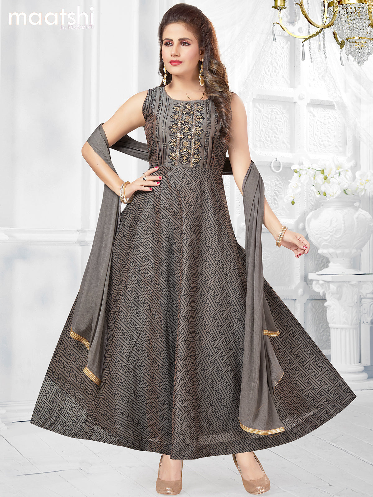 Chanderi readymade anarkali suits grey shade and  with allover geometric prints & embroidery work neck pattern and straight cut pant & chiffon dupatta