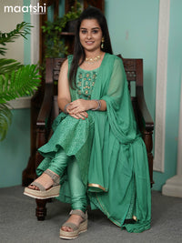 Chanderi readymade anarkali suits green shade and  with allover geometric prints & embroidery work neck pattern and straight cut pant & chiffon dupatta