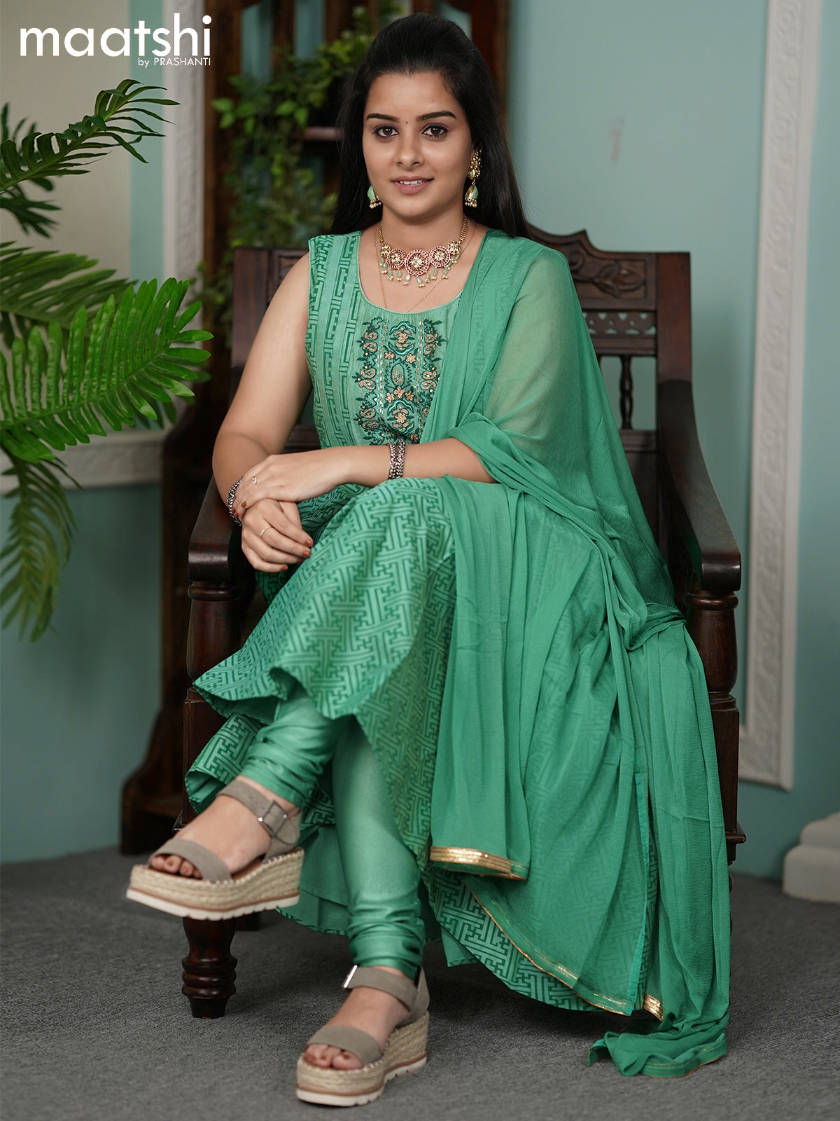 Chanderi readymade anarkali suits green shade and  with allover geometric prints & embroidery work neck pattern and straight cut pant & chiffon dupatta