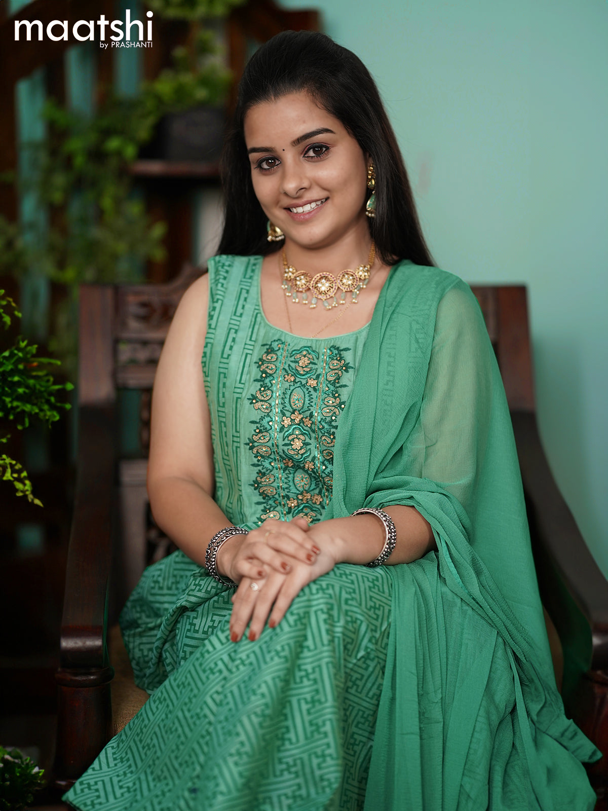 Chanderi readymade anarkali suits green shade and  with allover geometric prints & embroidery work neck pattern and straight cut pant & chiffon dupatta