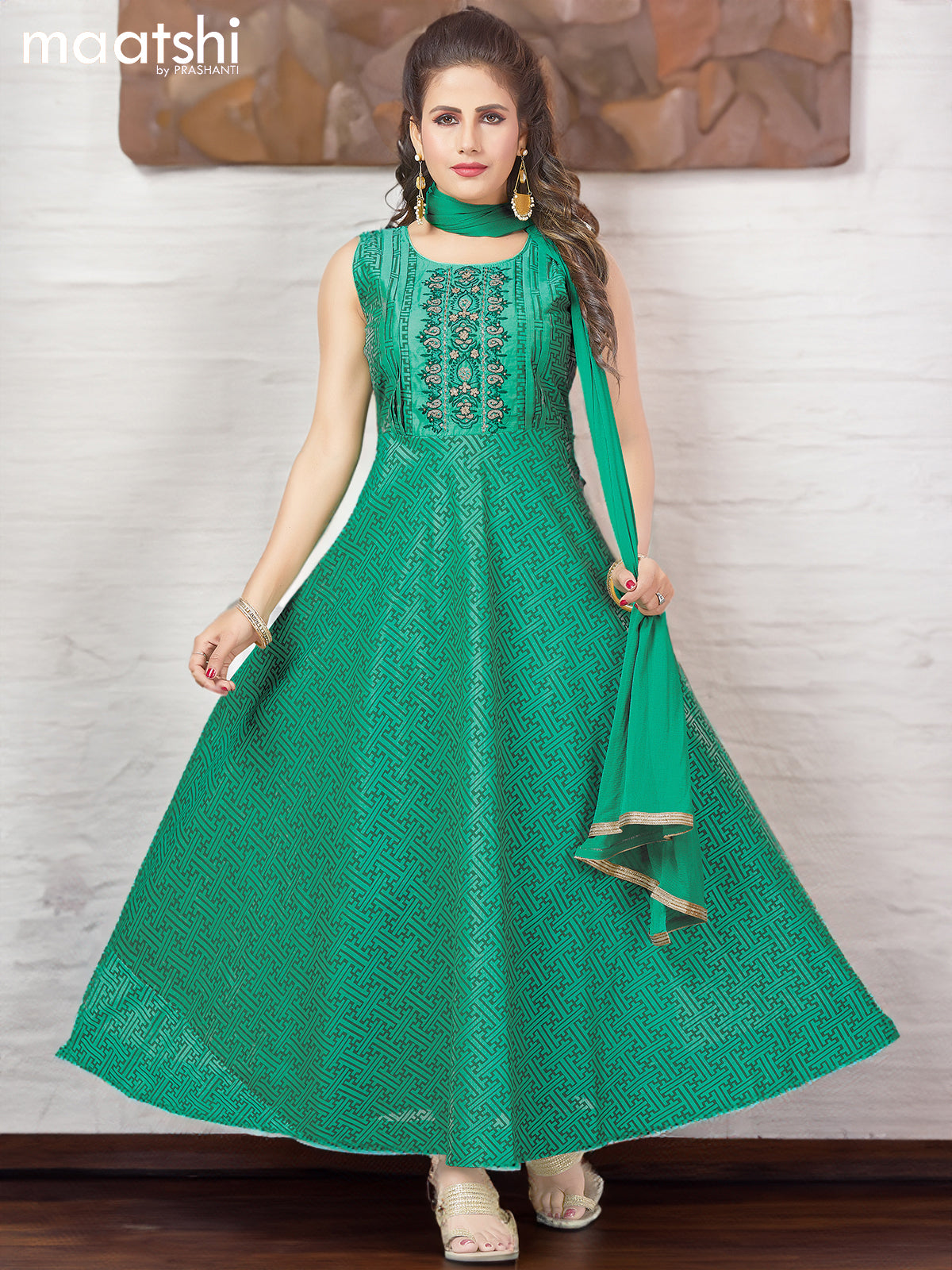 Chanderi readymade anarkali suits green shade and  with allover geometric prints & embroidery work neck pattern and straight cut pant & chiffon dupatta