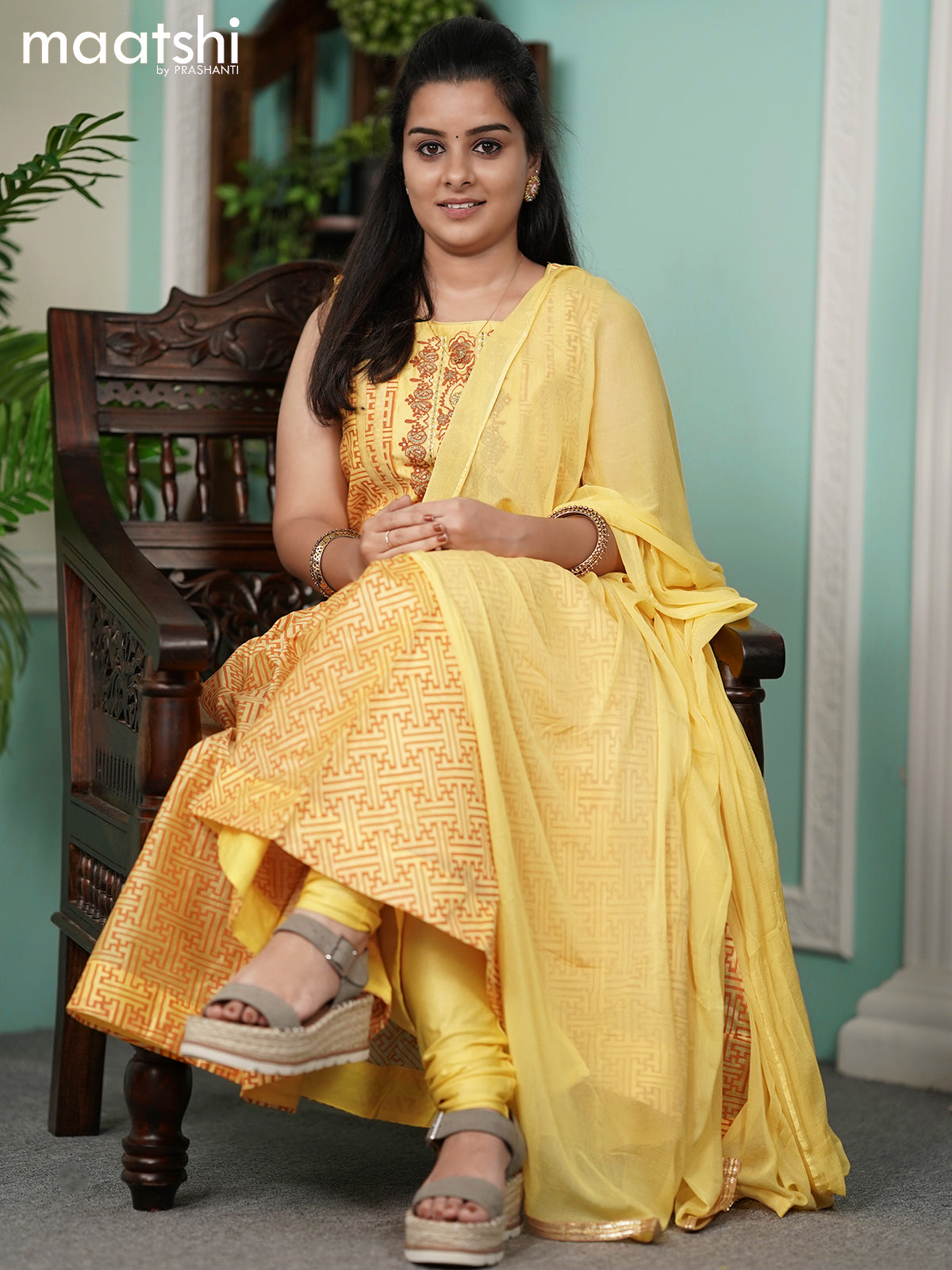 Chanderi readymade anarkali suits yellow and  with allover geometric prints & embroidery work neck pattern and straight cut pant & chiffon dupatta