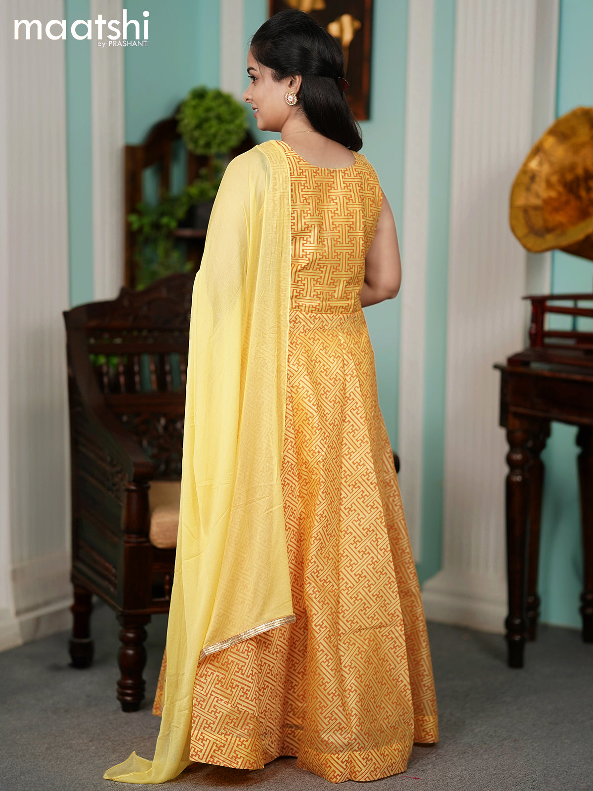 Chanderi readymade anarkali suits yellow and  with allover geometric prints & embroidery work neck pattern and straight cut pant & chiffon dupatta