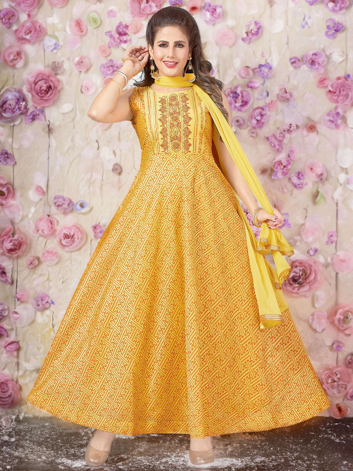 Chanderi readymade anarkali suits yellow and  with allover geometric prints & embroidery work neck pattern and straight cut pant & chiffon dupatta