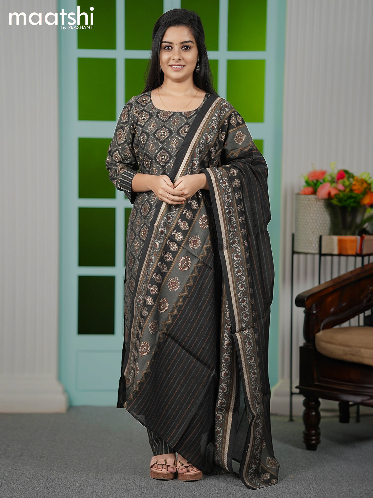 Modal readymade salwar sutis dark grey and  with allover butta prints & embroidery work and straight cut pant & printed dupatta