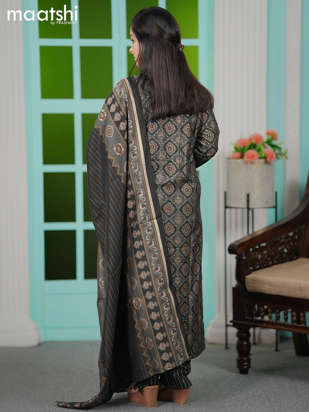 Modal readymade salwar sutis dark grey and  with allover butta prints & embroidery work and straight cut pant & printed dupatta