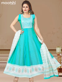 Raw silk readymade anarkali salwar suit dual shade of bluish green and off white with allover prints & embroidery sequin work neck pattern and straight cut pant & printed dupatta- Sleeves Attached