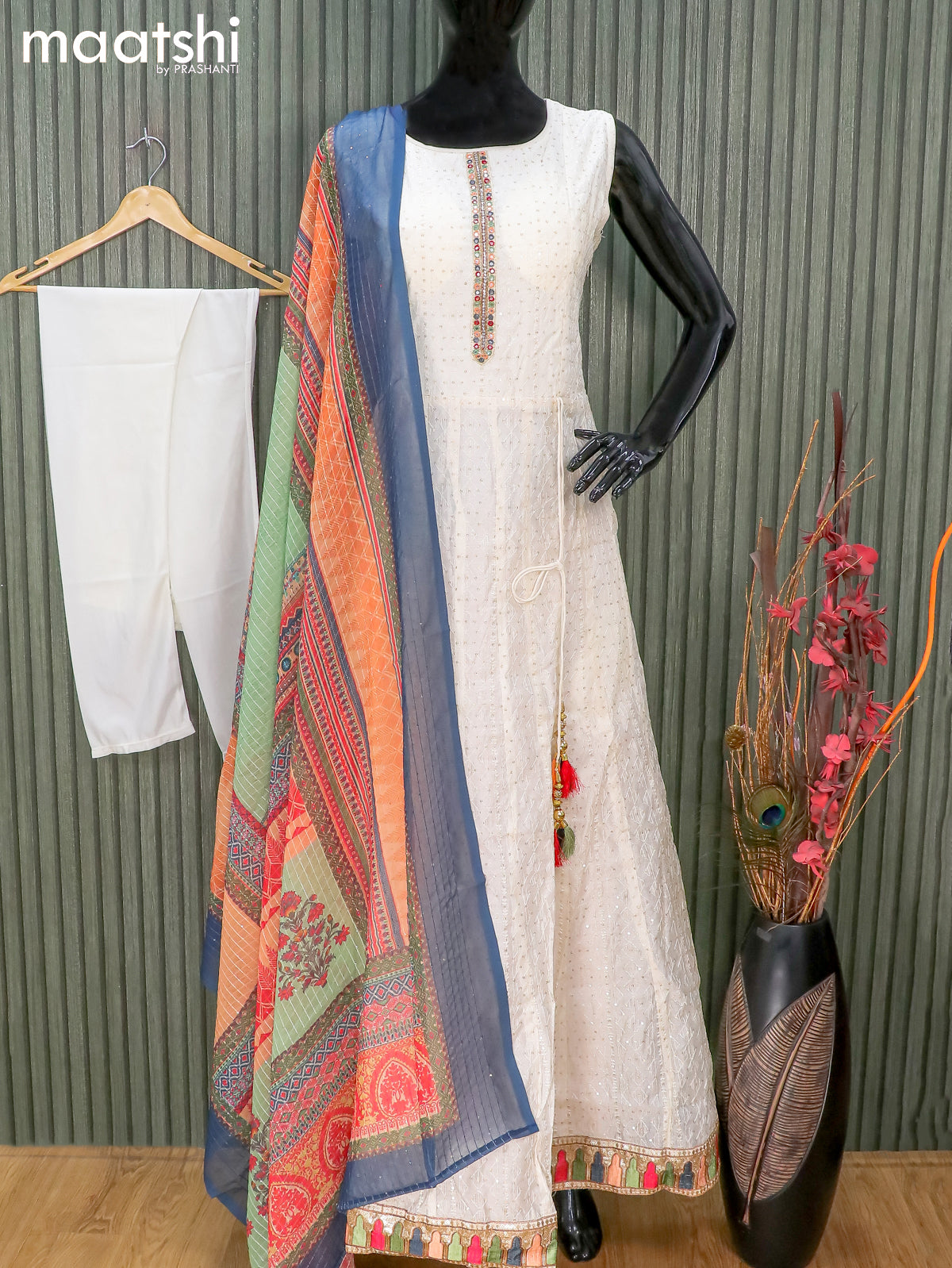 Raw silk readymade anarkali salwar suit off white with allover sequin & embroidery work and straight cut pant & dupatta